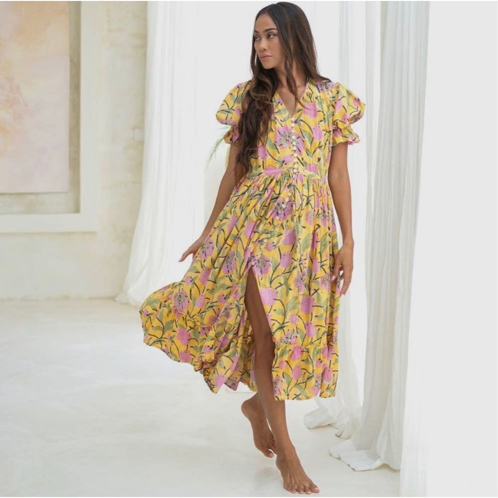 Fox & the Mermaid Venice floral block printed cotton midi dress Sz M/L NWT